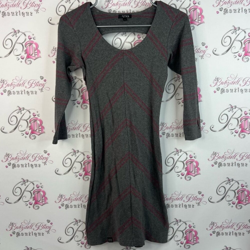 Sitka dress open back hole detail Gray and Pink Long Sleeve Dress stripes